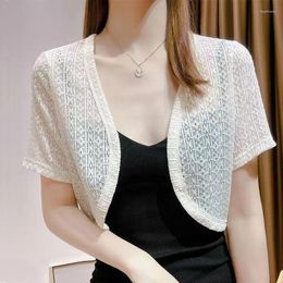 Women's Knits Black White Women Cardigans 2023 Fashion Ladies Korean Tops Short Sleeve Lace Shawl Crop Top Coat Elegant Shrug For Dress