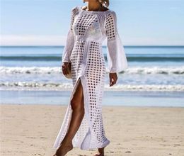 Sarongs 2021 Crochet White Knitted Beach Cover Up Dress Tunic Long Bikinis Ups Swim Beachwear18928632