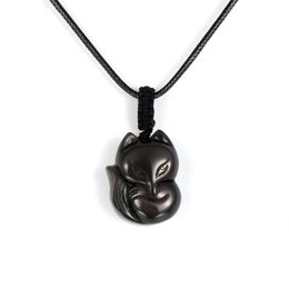 Women Men Natural Obsidian Pendant Necklace Handmade Carved Gem Stone Animal Adjustable Rope Reiki Lucky Amulet Jewelry3014