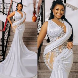 White Plus Size Aso Ebi Prom Dresses for Special Occasions Mermaid Illusion Lace Beaded Evening Formal Dresses for African Black Women Birthday Party Gowns ST703
