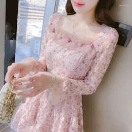 Party Dresses The Spring Of 2023 Bud Silk Printing Sweet Princess Skirt Falbala Bring Long-sleeved Dress