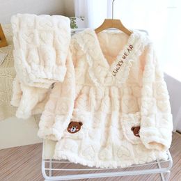 Women's Sleepwear Autumn And Winter Thickened Flannel Pyjamas Set Coral Velvet Jacquard Zipper Warm Plush Can Be Worn Outside