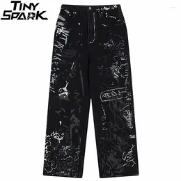 Men's Pants Hip Hop Streetwear Denim Graffiti Jeans Harajuku Men Cotton Casual Black Harem Joggers Trousers Hipster Y2K Unisex