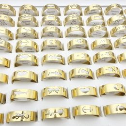 Whole 100PCS Stainless Steel Band Rings For Men Laser Cut Mixed Patterns Fashion Jewellery Womens Ring Size 17-21mm Golden Plate275s