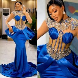 Royal Blue African Arabic Aso Ebi Prom Dresses Mermaid Long Sleeves Lace Beaded Evening Formal Dress for Special Occasions Birthday Party Gown Engagement Gown NL127