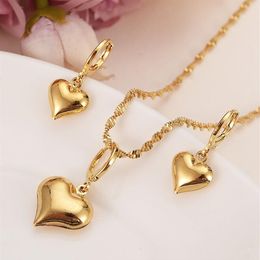 24 k Yellow Solid Gold Filled Lovely heart Pendant Necklaces earrings Women girls party jewelry sets gifts diy charms316G