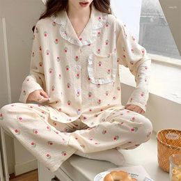 Women's Sleepwear Pajama Sets Turn-down Collar Long Sleeve Women Autumn Sprin Floral Strawberry Printed Kawaii Trendy Womens 2pcs Pyjamas
