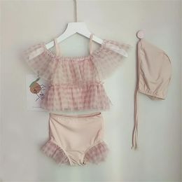 set Korean Baby Girl Split Swimsuit Plaid Princess Bikini Kids 3Pcs Bathing Suit Tops +Skirt+Hat Swimwear Summer Child Beach Clothes