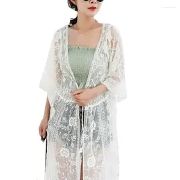 Women's Blouses Womens Sexy Sheer Lace Kimono Cardigan Half Sleeves Tie Open Front Swimsuit Cover Up Embroidery Floral Long Beach Blouse