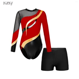 Stage Wear Kids Girls Ballet Gymnastic Leotard Figure Skating Performance Costume Long Sleeve Shiny Rhinestones Bodysuit With Shorts Sets