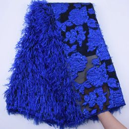 Latest Royal Blue French Tulle Lace Fabric Fluffy Feather Mesh Lace African Lace Fabric Embroidery For Wedding Dress 231222