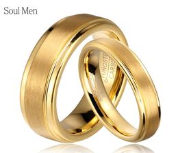 Soul Men 1 Pair Gold Color Tungsten Carbide Wedding Band Rings Set For Him And Her 6mm For Men 4mm For Women Brushed Finish J190718147109