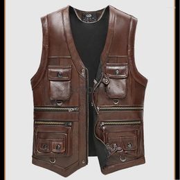 Men's Vests 2024 Autumn Winter Leather Vest Zipper Waistcoat Steampunk Sleeveless Motorcycle Jackets Casual Multiple Pockets Coat