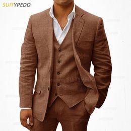 Jackets Brown Linen Suits for Men 3 Pieces Formal Business Blazer Vest Pants Set for Men Slim Fit Wedding Men Tuxedos Casual Men Jackets