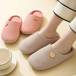 Slippers Unisex All-season Cotton Concise Solid Color Button Decoration Couple Home Soft Flats Silent Bedroom