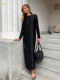 Clacive Casual Black Satin Women S Dress 2023 Fashion O Neck Long Sleeve Ankle Length Dresses Elegant Classic Solid Female 231222