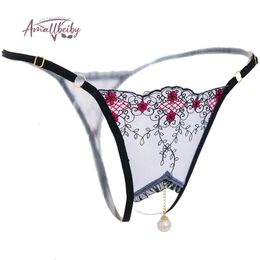 Pearl Pendant Open Thongs Women Underwear Crotchless Embroidery G String Tanga Briefs Lace Transparent Sexy Lingerie 231225