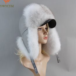 100% Real Fox Fur Hat Women's Russian Ushanka Trapper Snow Skiing Hat Caps Earflap Winter Raccoon Fur Bomber Hat 231222