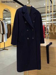 Top Luxury Coat Maxmaras 101801 Pure Wool Coat Classic Navy Double breasted Cashmere Coat for Men and Women's High end Long Outwear