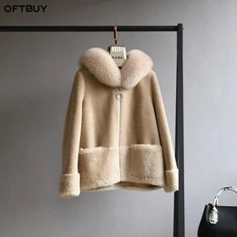 Jackets Oftbuy Real Fur Coat Winter Jacket Women Natural Fox Fur Collar Hood 100% Wool Content Woven Outerwear Teddy Polar Fleece Plush