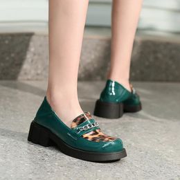 Dress Shoes Bright Patent Leather And Leopard Print Breathable Mary Jane Round Toe Mid-Heel Metal Chain Decorative Sock Pumps