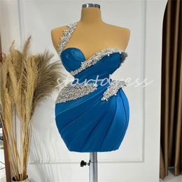 Sexy One Shoulder Diamond Prom Dress Blue Beaded Mini Short Cocktail Dress Elegant Satin Pleated Formal Evening Gowns Black Girls Homecoming Graduation Party Dress