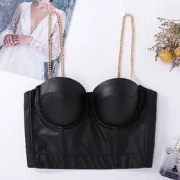 Women's Tanks 2023 Women Camisole Top Gold Chain Shoulder Strap Solid Color Sexy PU Leather Crop Bustier Bra Night Club Party Tank