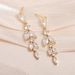 Dangle Earrings UILZ Luxury Leaf Shaped Zirconia For Women Shiny CZ Bridal Long Earring Wedding Engagement Jewellery