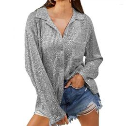 Women's Blouses Women Shirt Shiny Sequin Soft Lapel Loose Solid Colour Cardigan Single-breasted Performance Club Party Shirts & Top