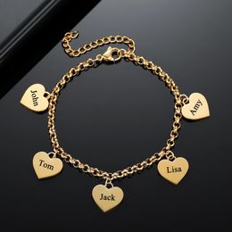 Gold Heart Charm Bracelet Engraved Pendant Personalised Hearts Charms with Custom Christmas Jewellery Gifts for Her Mom Friend 231225