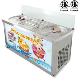 Free shipment to door USA kitchen tool equipment fried ice cream machine ETL CE double 20 inches pans with 10 cooling tank