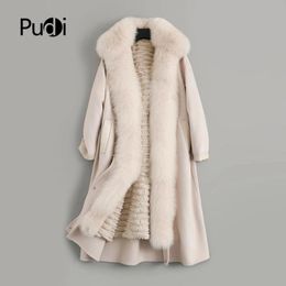 Jackets Pudi Women Wool Blends Real Fur Coat Jacket Rex Rabbit Fur Liner Fox Fur Collar Winter Warm Female Overcoat Trench Parka Zy19127