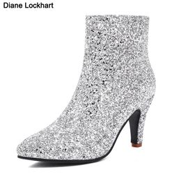 Silver Sequins Bling Design Boots For Women Tapered Heel Fashion Trendy Crystals Cowboy Booties Glitter Pointed Shoes Woman 231225