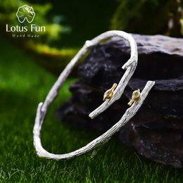 Bangle Lotus Fun Real 925 Sterling Silver Natural Original Handmade Fine Jewellery Bird on Branch Adjustable Bangle for Women Bijoux