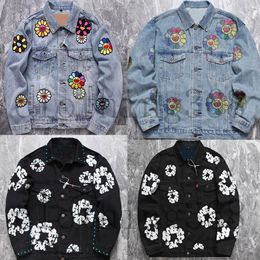 mens coat denim tears designer womens pullover long sleeve coat Cowboy motorcycle jacket men Loose kapok Flower print Quality Vintage hip hop L7 Washed Denim coat