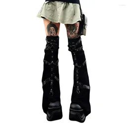 Women Socks Fall Winter Black Metal Buckle Knitted Punk Style Ankle Warmer Y2k High Knee Legging Boot Thigh