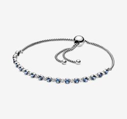 Blue and Clear Sparkle Slider Link Bracelet 100 925 Sterling Silver Adjustable Cubic Zirconia Chain for Women Fashion Wedding Eng6847295