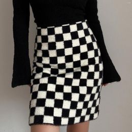 Skirts Instagram Black And White Checkered Slim-Fit High Waist Plush Skirt