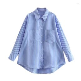 Women's Blouses 2023 Blue Stripe Shirt Women Casual Long Sleeves Oversize Blouse Female Chic Lady Elegant Top Spring Summer