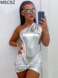 Work Dresses Silver Metallic Dress Sets Women Y2K Two Piece Set Night Club Rave Outfit Summer Bodysuit Top And Mini Skirt Co Ord