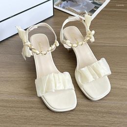 Sandals Comfort Shoes For Women Pearl Suit Female Beige Increasing Height Block Heels All-Match Black Bow 2024 Fashion Chunky