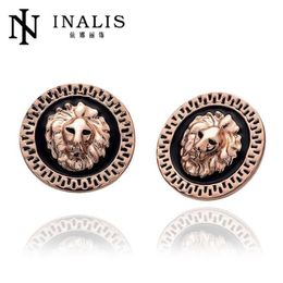 Stud INALIS Rose Gold Color Lion Face Black Background Round Earrings E963-B239T
