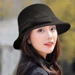 Berets Autumn Winter Fedoras Women Fashion Hat Elegant Vintage Bowknot Woolen Ladies Dome Felt Wedding Jazz Cap