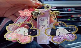 Keychains Creative Cherry Blossoms Keychain Acrylic Moving Liquid Oil Keyring For Women Girl Cute Bag Key Chains Jewelry Gift3554839