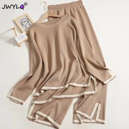 Autumn Winter O-neck Long Sleeve Side Slit Pullover Sweaterhigh Waist Wide Leg Pants Two Piece Set Women Casual Tracksuit 231225