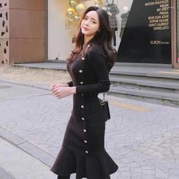 Casual Dresses Korean Fashion Dress Sweater Women Fall 2023 Winter Black Clothing Elegant Long Sleeve Knitting Fishtail