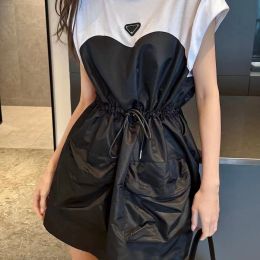 2024 Designer dress women high-quality triangle label dress fashion black white dresses for woman contrast patchwork drawstring waist tooling dress