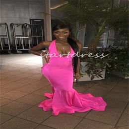 Simple Hot Pink Prom Dresses For Black Women Sexy Halter Deep V Neck Mermaid Evening Dress 2024 Elegant Long Formal Special Occasion Party Gowns Vestios De Gala