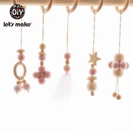 Let's Make 5pc/set Baby Stroller Pendant Bed Bell Hanging Soother Play Gym Toys Wooden Baby Rattle Teething Teether Set Chew Toy 231225