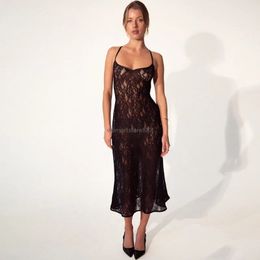 2024 Designer Sexy Backless Dresses Women Spaghetti Strap Sheer Lace Dress Sleeveless See Through Skirt Party Night Club Wear Wholesale Clothes